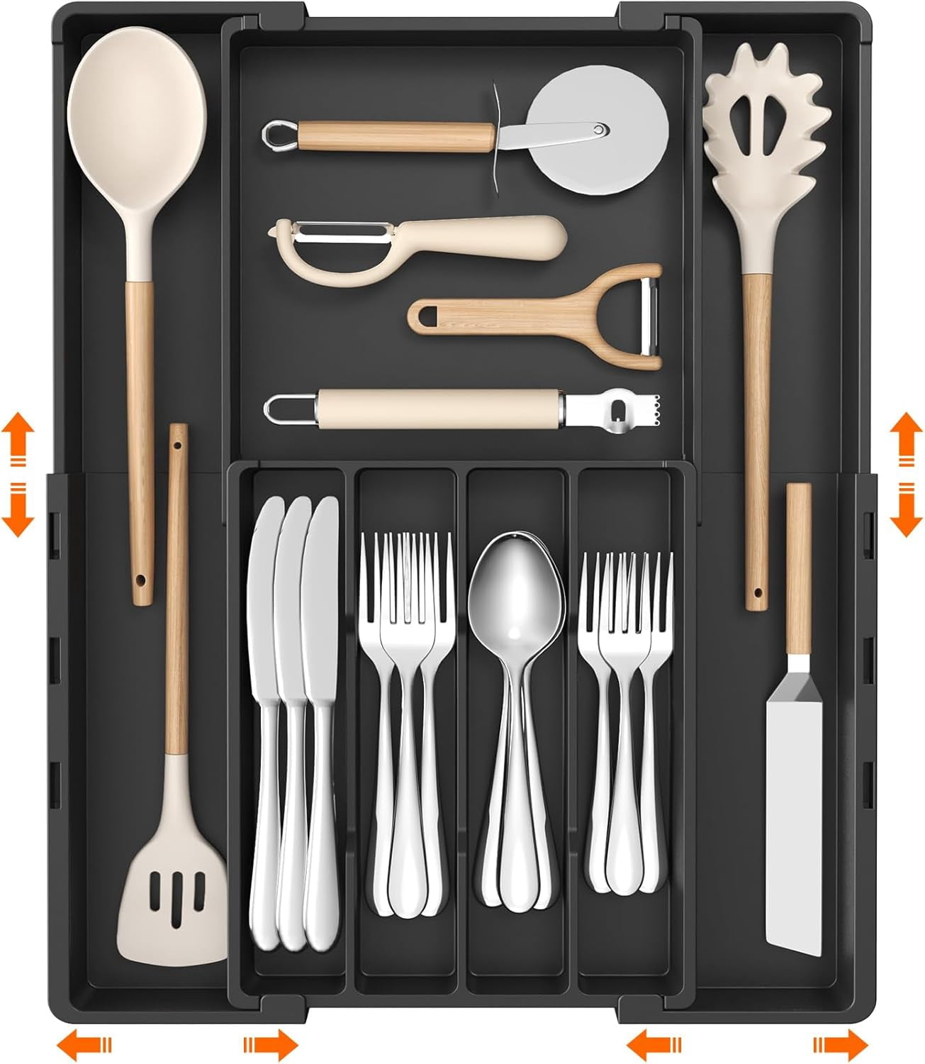 Silverware Drawer Organizer, Expandable Utensil Tray for Kitchen, BPA Free Flatware and Cutlery Holder, Adjustable Plastic Storage for Spoons Forks Knives, 4-7 Slots, Black