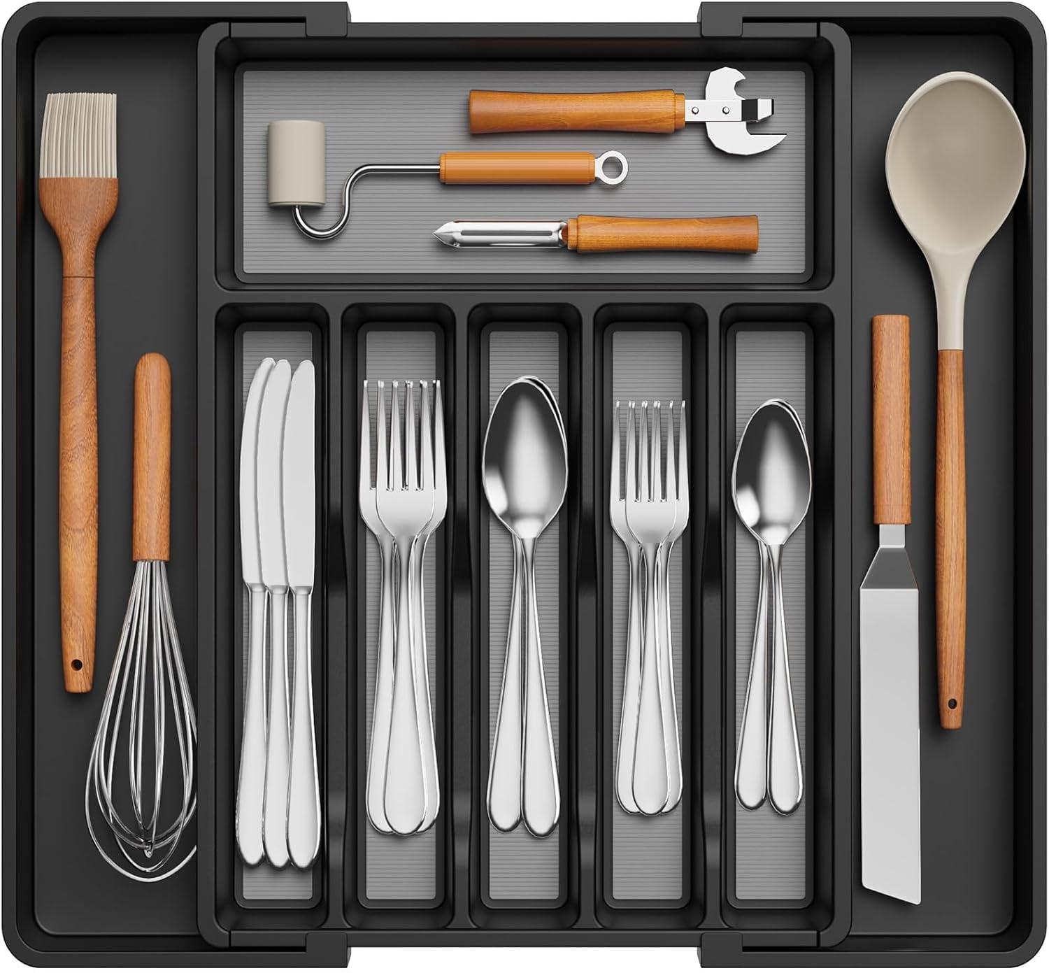 Silverware Drawer Organizer, Expandable Utensil Tray for Kitchen, BPA Free Flatware and Cutlery Holder, Adjustable Plastic Storage for Spoons Forks Knives, 8.5-14 x 12", Black