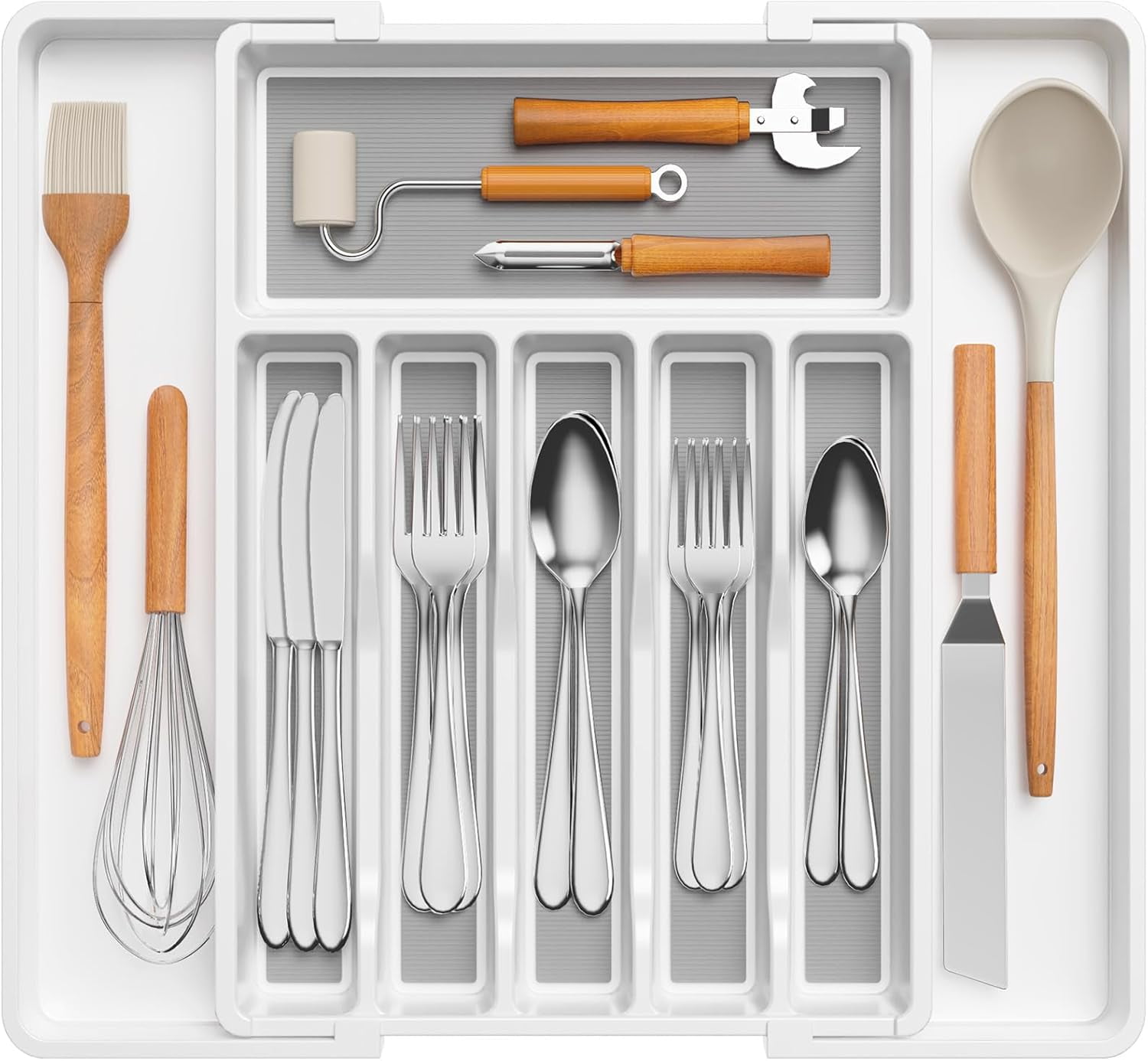 Silverware Drawer Organizer, Expandable Utensil Tray for Kitchen, BPA Free Flatware and Cutlery Holder, Adjustable Plastic Storage for Spoons Forks Knives, 8.5-14 x 12", Black
