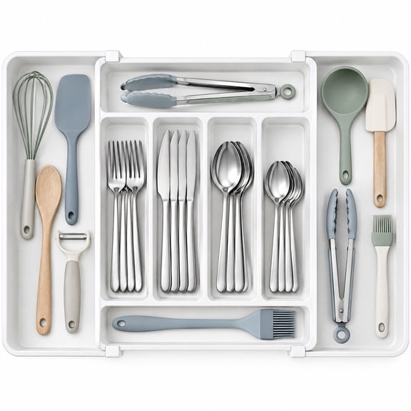 Expandable Silverware Organizer, Adjustable Plastic Utensil Tray for Kitchen Drawer, White, 8.5-14 x 12 Inch