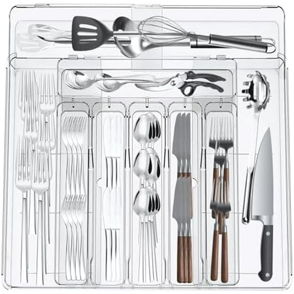 Silverware Drawer Organizer, Expandable Utensil Tray for Kitchen, Clear Plastic Cutlery Flatware Holder, Adjustable Storage Divider for Cooking Tools Forks Knives Spoons, 9 Slot