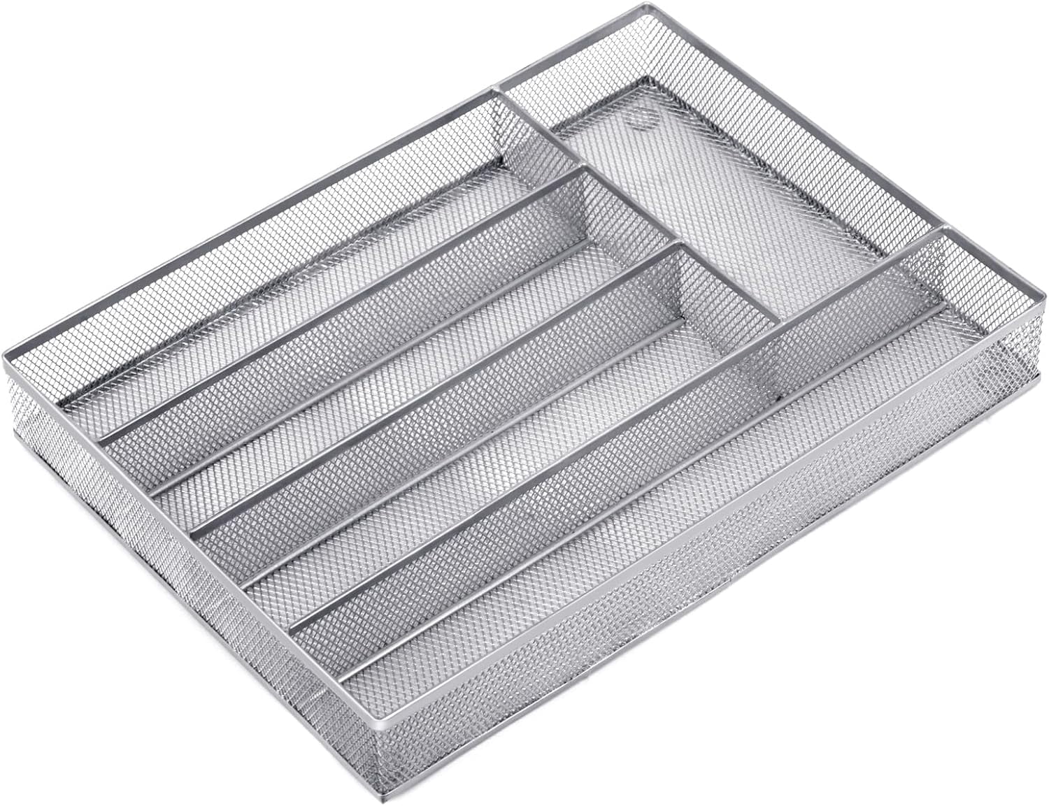 Silverware Drawer Organizer Holder, Cutlery Tray Silverware Flatware Storage Divider for Kitchen, Bedroom, Living Room,Mesh Wire with Non-slip foam Feet, 5 Compoment（ Silver）