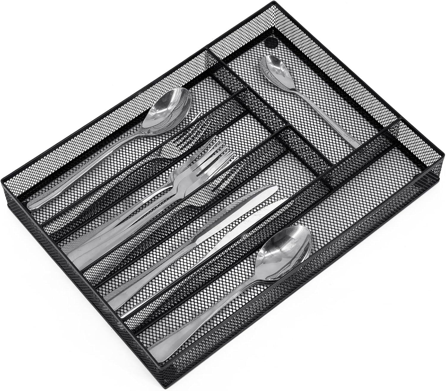 Silverware Drawer Organizer Holder, Cutlery Tray Silverware Flatware Storage Divider for Kitchen, Bedroom, Living Room,Mesh Wire with Non-slip foam Feet, 5 Compoment（Black）