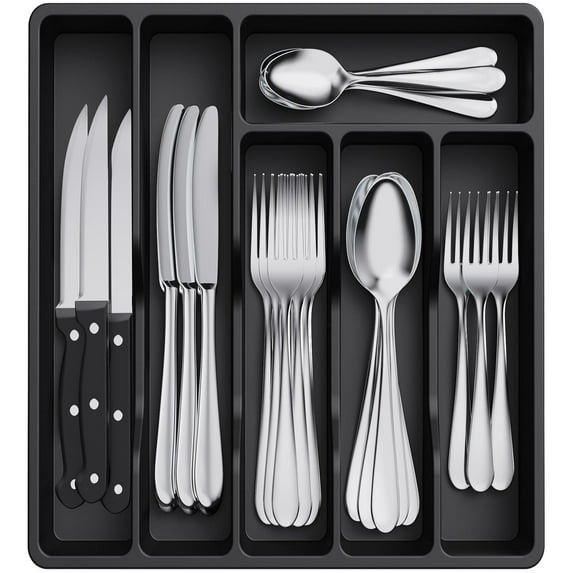 Silverware Drawer Organizer Tray, Plastic Cutlery Storage for Kitchen Drawer, Flatware and Utensil Holder Divider for Spoons Forks Knives Tableware, 5 Compartment, Black