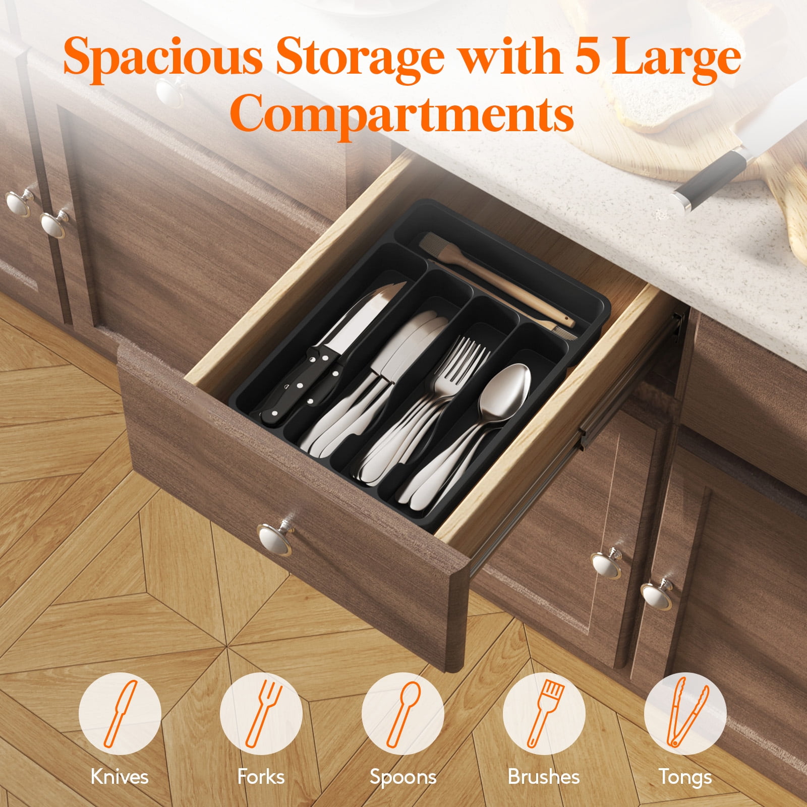Silverware Drawer Organizer Tray, Plastic Cutlery Storage for
