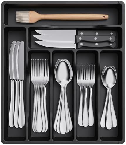Silverware Drawer Organizer Tray, Plastic Cutlery Storage for Kitchen, Flatware and Utensil Holder Divider for Spoons Forks Knives Tableware, 12.3 x 14.2", 7 Slots, Black