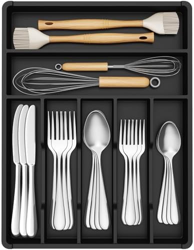 Silverware Drawer Organizer Tray, Plastic Cutlery Storage for Kitchen, Flatware and Utensil Holder Divider for Spoons Forks Knives Tableware, 12.3 x 16", 7 Slots, Black