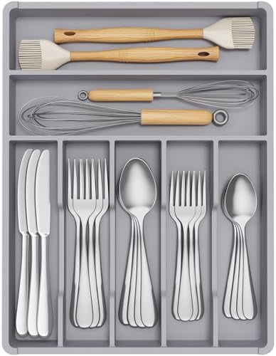 Silverware Drawer Organizer Tray, Plastic Cutlery Storage for Kitchen, Flatware and Utensil Holder Divider for Spoons Forks Knives Tableware, 12.3 x 16", 7 Slots, Gray
