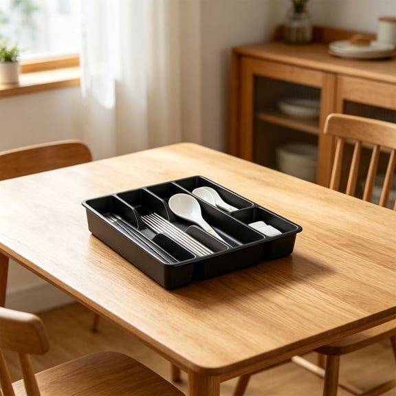 Silverware Drawer Organizer Tray, Plastic Cutlery Storage for Kitchen, Flatware and Utensil Holder Divider for Spoons Forks Knives Tableware, 5 Slots,10"x12"(Black)