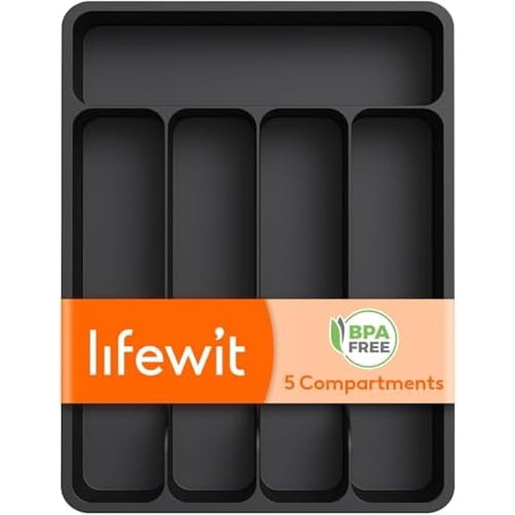 Silverware Drawer Organizer Tray, Plastic Cutlery Storage for Kitchen, Flatware and Utensil Holder Divider for Spoons Forks Knives Tableware, 9.1 x 12.6", 5 Slots, Black
