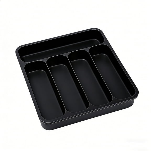 Silverware Drawer Organizer Tray, Plastic Cutlery Storage for Kitchen, Flatware and Utensil Holder Divider for Spoons Forks Knives Tableware, 9.1 x 12.6", 5 Slots, Black