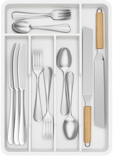 Silverware Drawer Organizer Tray, Plastic Cutlery Storage for Kitchen, Flatware and Utensil Holder Divider for Spoons Forks Knives Tableware, 9.5 x 13.4", 5 Slots, White