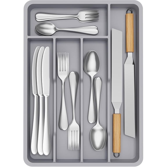 Silverware Drawer Organizer Tray, Plastic Cutlery Storage for Kitchen, Flatware and Utensil Holder Divider for Spoons Forks Knives Tableware, 9.5 x 13.4", 5 Slots, Gray