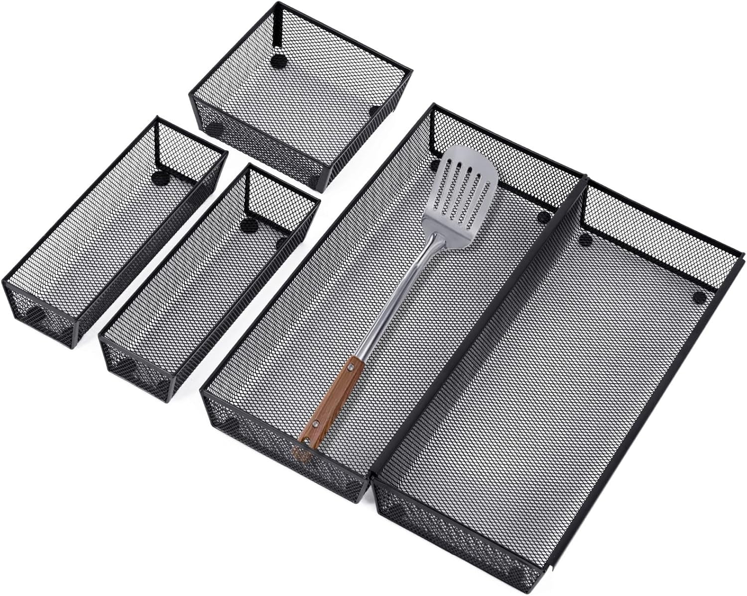 Silverware Drawer Organizer,Utensil Organizer for Kitchen Drawer Organizer for Large Utensils with Interlocking Arm, Silverware Storage Cutlery Tray for Knives Fork Spoon (Pack 5, Black)