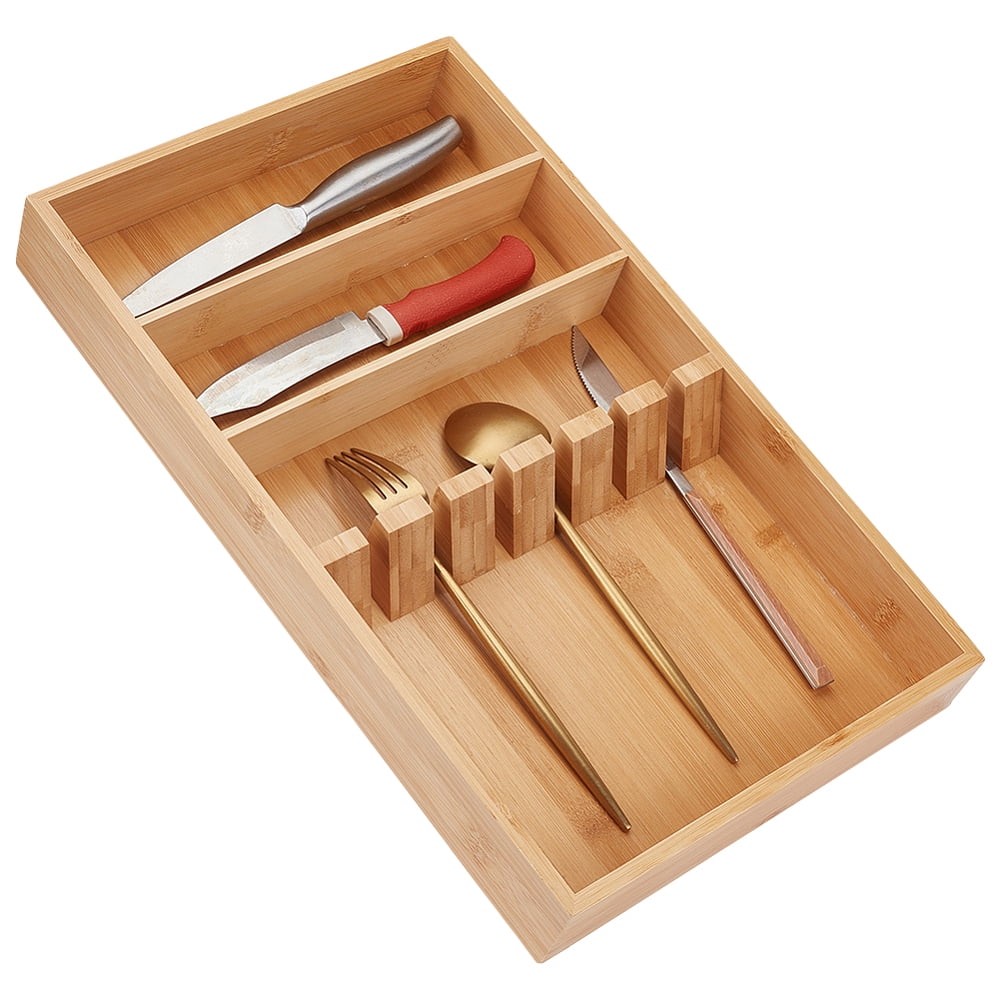 Silverware Drawer Organizer Wood Utensil Organizer Kitchen Flatware Organizer 3 Compartment with 6 Card Slots Cutlery Tray DIY