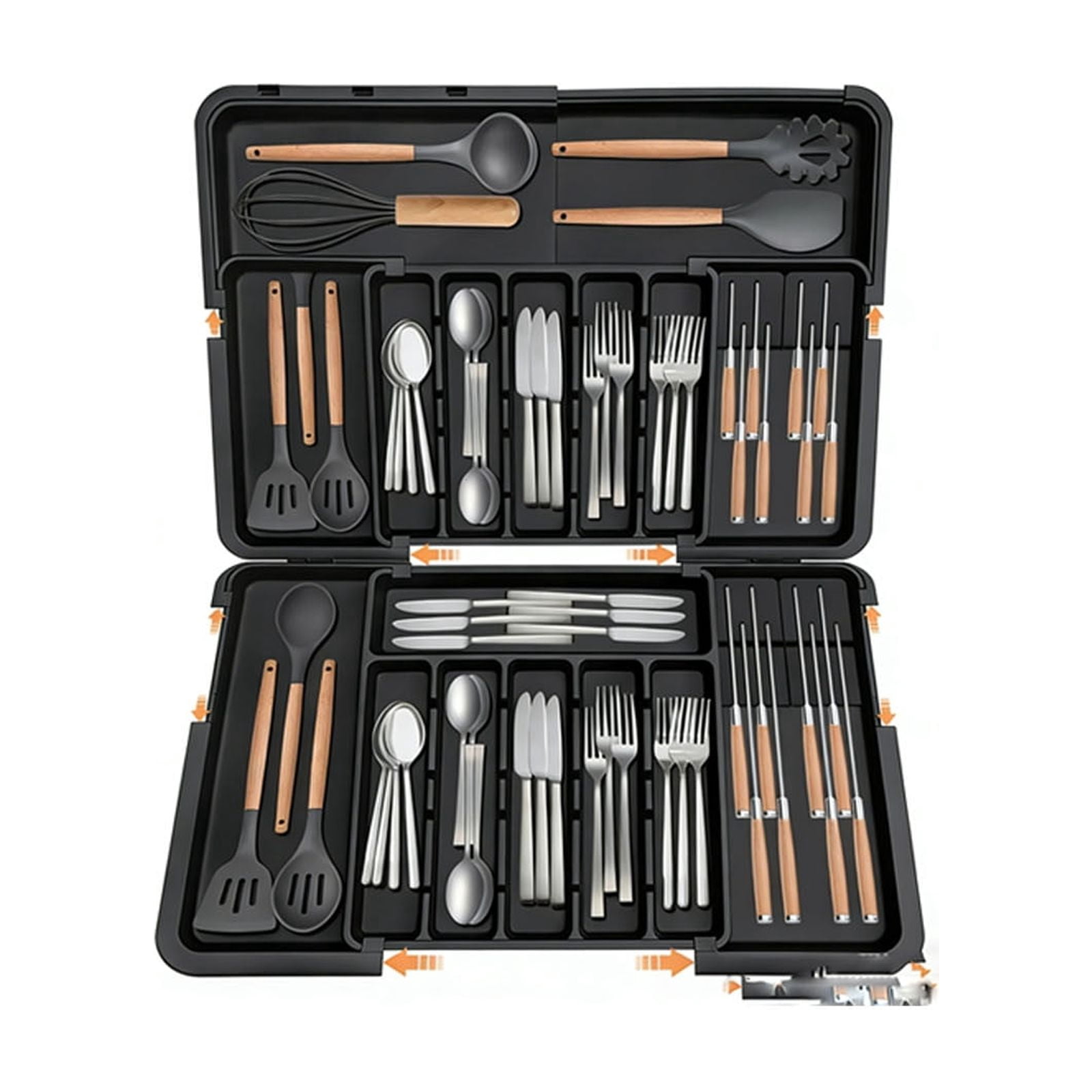 Silverware Drawer Organizer for Kitchen, Adjustable Utensil Drawer Organizer, Bpa Free Flatware and Cutlery Holder, Expandable Plastic Storage Black