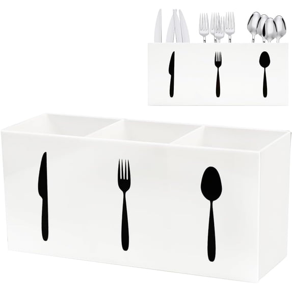 Silverware Holder, 3-Section Countertop Organizer, Acrylic Kitchen Tableware Storage Box for Fork Spoon Knife, Multifunctional Cutlery Caddy, Fit for Dining, Party & Picnic, White