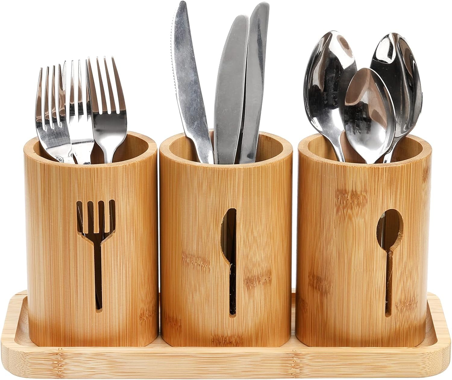 Silverware Holder, Bamboo Utensil Organizer with Tray, Kitchen Cutlery Flatware Holder Organizer for Spoons, Knives and Forks, Ideal for Kitchen and Restaurant