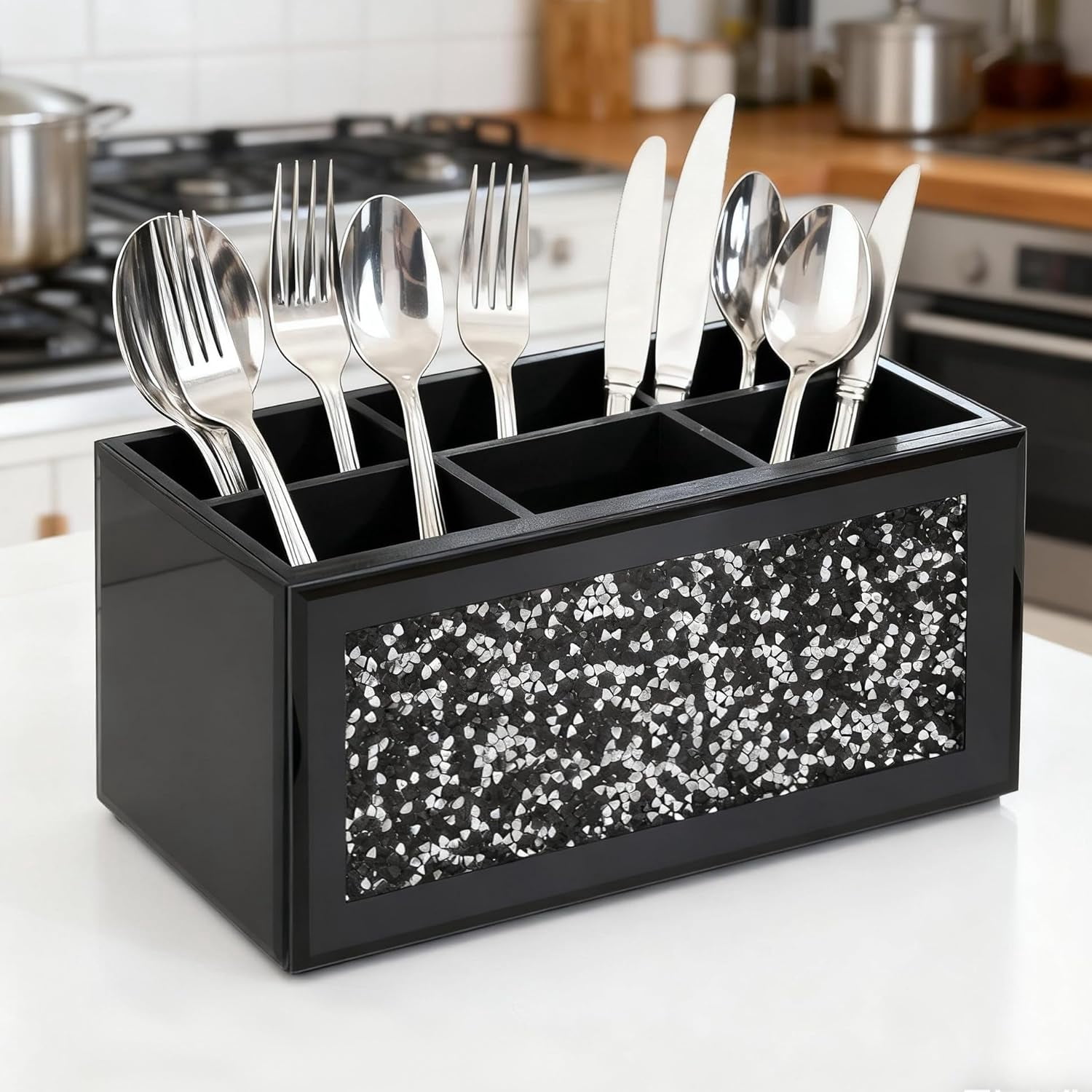 Silverware Holder, Kitchen Utensil Caddy with 6 Compartments, Cutlery Storage Organizer Countertop, Flatware for Party, Spoon, Fork Black