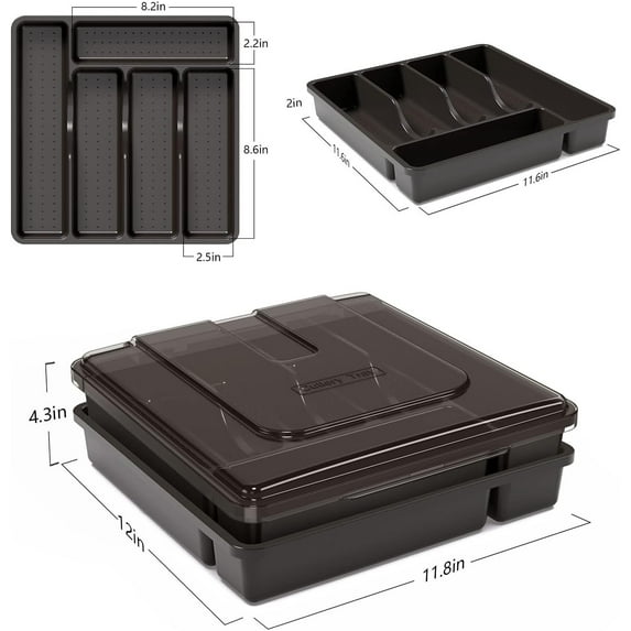 Double Layer Silverware Holder with Lid, 10 Compartment Plastic Cutlery Organizer for Kitchen Drawer and Countertop - Black