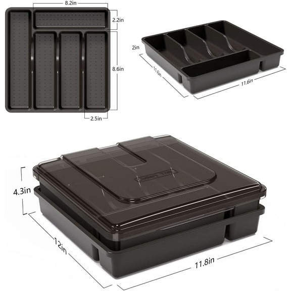 Double Layer Silverware Holder with Lid, 10 Compartment Plastic Cutlery Organizer for Kitchen Drawer and Countertop - Black
