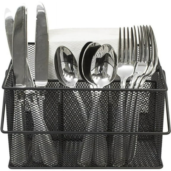 Silverware, Napkin Holder, and Condiment Organizer — Multi-Purpose Steel Mesh Caddy—Ideal for Kitchen, Dining, Entertaining, Tailgating, Picnics, and much more (Black)