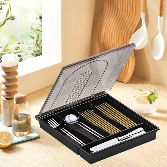 Silverware Organizer with Cover,12.9x11.2Inch Countertop Silverware Holders,Flatware Tray with Lid,Silverware Storage Drawer,5 Compartments Flatware Organizer Rack,Suitable for Home,Party
