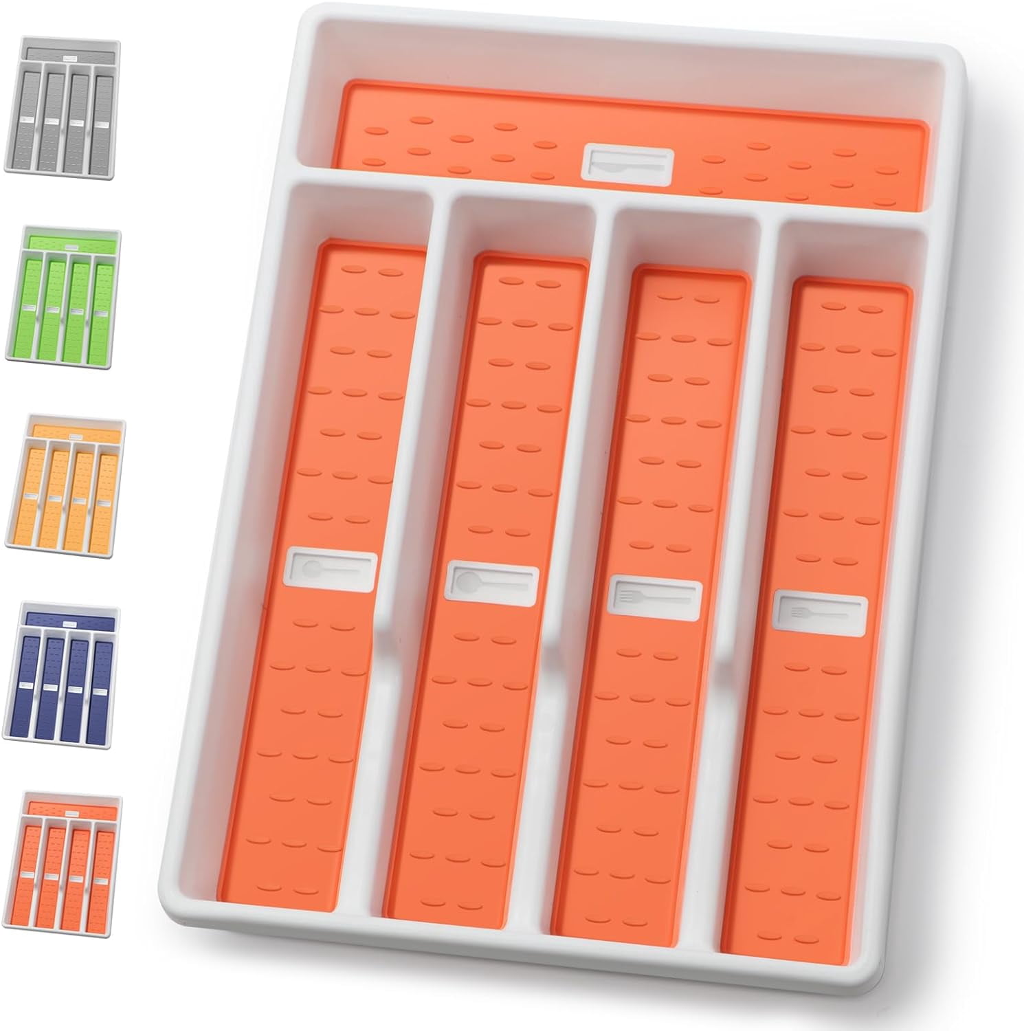 Silverware Organizer with Cutlery Icons，Silverware Tray for Kitchen Drawer，Plastic Flatware Tableware Silverware Drawer Organizer Utensil Organizer with Non-slip TPR Linings，6-Compartment
