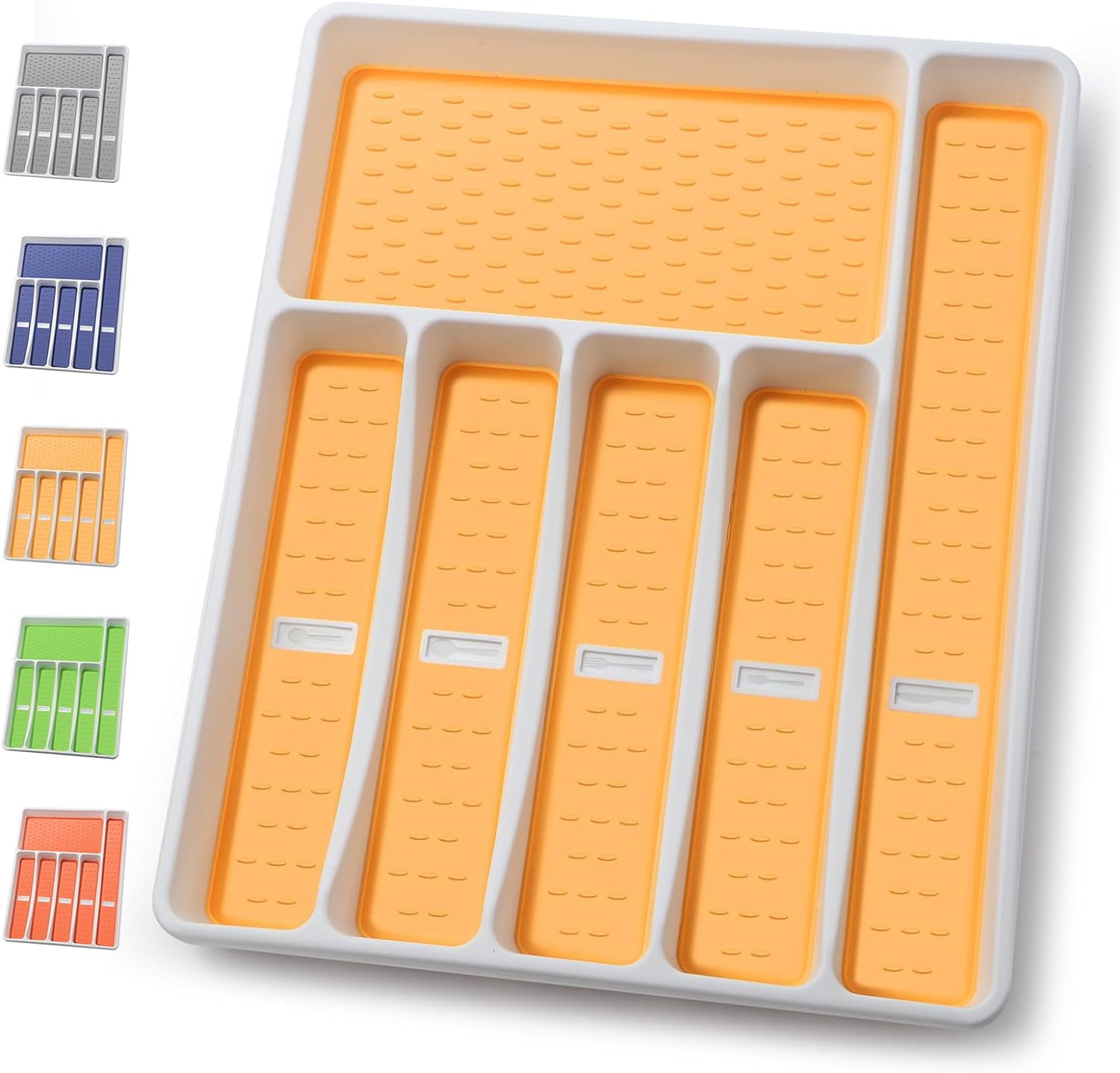 Silverware Organizer with Cutlery Icons，Silverware Tray for Kitchen Drawer，Plastic Flatware Tableware Silverware Drawer Organizer Utensil Organizer with Non-slip TPR Linings，6-Compartment