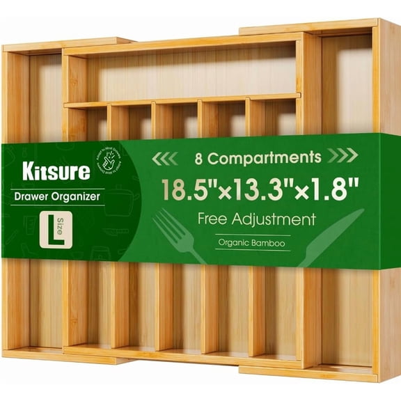 Silverware Organizer - Expandable Bamboo Kitchen Drawer for Cooking Utensils and Cutlery, Sturdy & Thickened Organizers Storage Solution, 18.5"13.3"1.8"