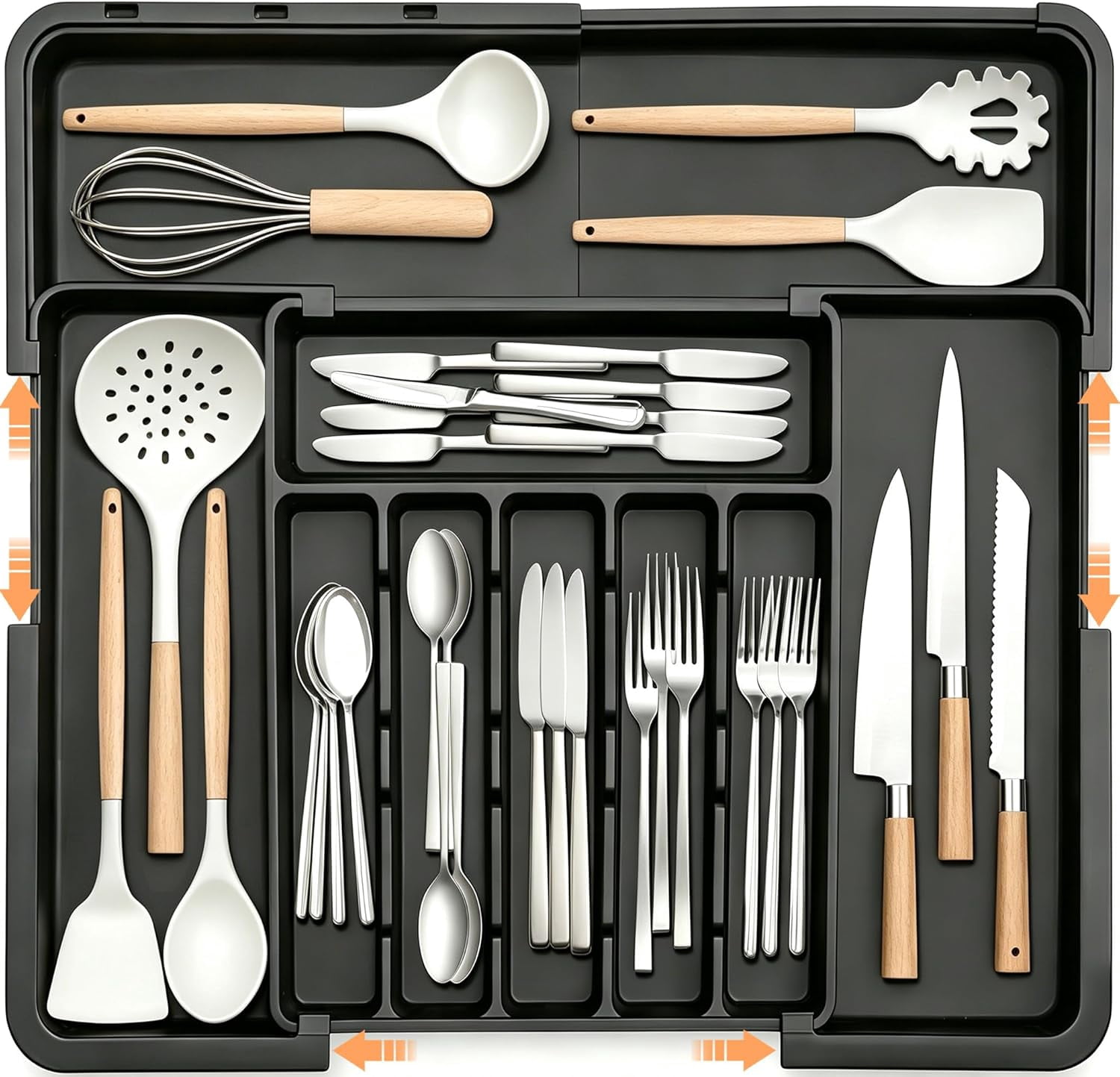 Silverware Organizer Expandable Kitchen Utensil Drawer Organizer Large BPA Free Adjustable Cutlery Silverware Tray for Spoons Forks Knives Storage Divider for Kitchen Flatware 6-9 Slots Black