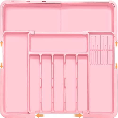 Silverware Organizer - Expandable Large Kitchen Drawer Organizer Utensil Organizer with 2 Knife Block Inserts, 22"x 19"Cutlery Tray with Drawer Dividers for Kitchen Flatware (Pink)