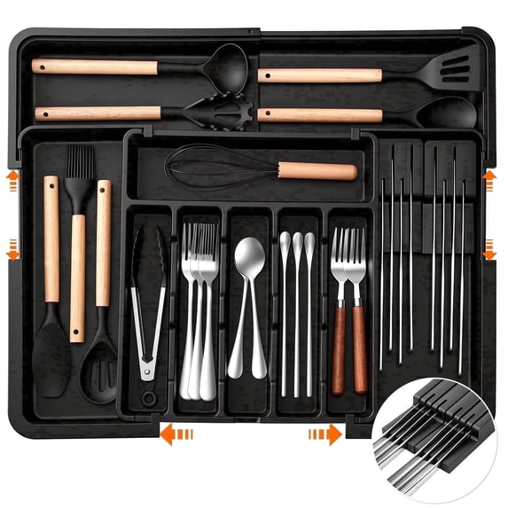 Expandable Silverware Organizer, Large Utensil Drawer Tray with 2 Knife Holders, 9 Slots, Non-Slip Base, Adjustable 13.2-22"W x 14.5-19"D, Black