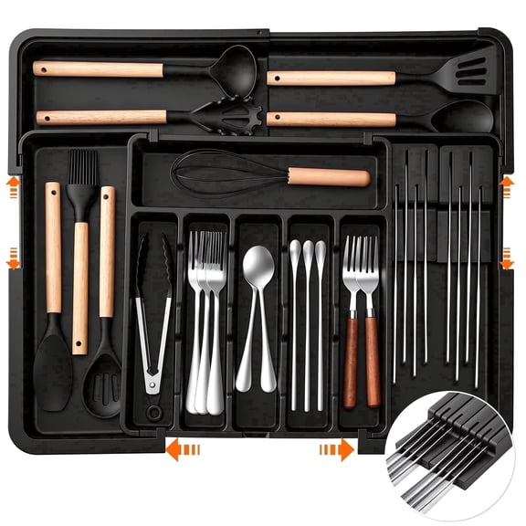 Expandable Silverware Organizer, Large Utensil Drawer Tray with 2 Knife Holders, 9 Slots, Non-Slip Base, Adjustable 13.2-22"W x 14.5-19"D, Black