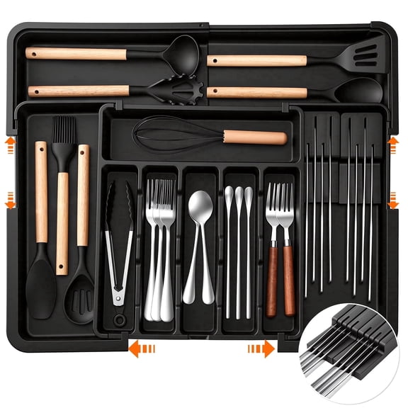 Expandable Silverware Organizer, Large Utensil Drawer Tray with 2 Knife Blocks, 9 Slots, Non-Slip Base, Adjustable 13.2-22"W x 14.5-19"D, Black