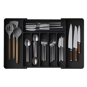 Silverware Organizer, Expandable Utensil Tray for Kitchen, BPA Free Silverware Drawer Organizer Adjustable Flatware for Spoons Forks Knives, Plastic Organizers and Storage for Kitchen Drawers(Black)