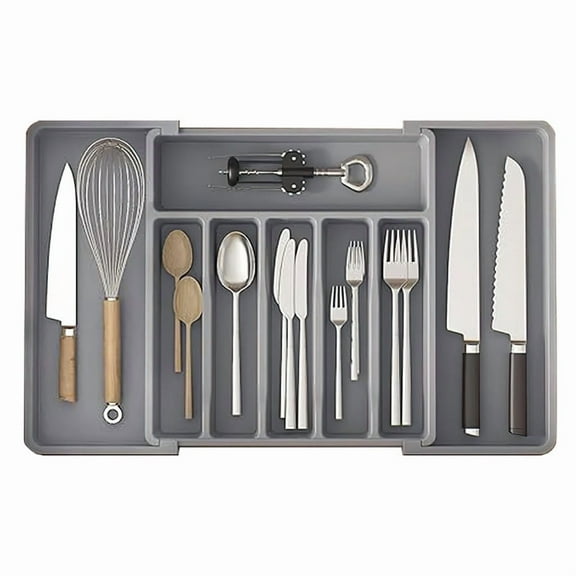 Silverware Organizer, Expandable Utensil Tray for Kitchen, BPA Free Silverware Drawer Organizer Adjustable Flatware for Spoons Forks Knives, Plastic Organizers and Storage for Kitchen Drawers(Gray)
