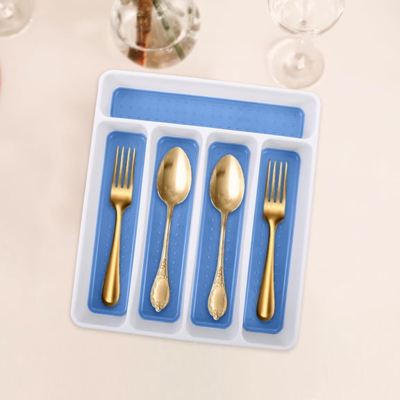 Silverware Organizer for Kitchen Drawers – 5-Compartment Flatware Tray Utensil Storage Solution Material Space-Saving Kitchen Drawer Organizer, 32x28cm, Blue