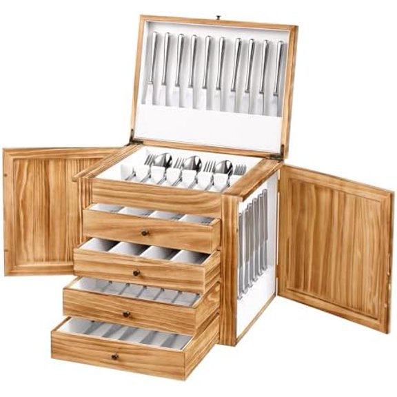 Silverware Organizer with Lid, 5-Layer Wooden Silverware Holder with Lid for Silver, Rustic Style Flatware Organizer Chest with Felt Lined, Silverware Storage Box for 30 or More Sets of Utensils