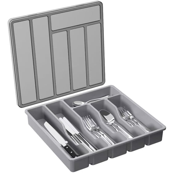 Silverware Organizer with Lid, Covered Utensil Tray for Kitchen Drawer and Countertop, Cutlery and Flatware Storage Box for Spoons Forks Knives Holder Case, 12.6x11.8", Gray