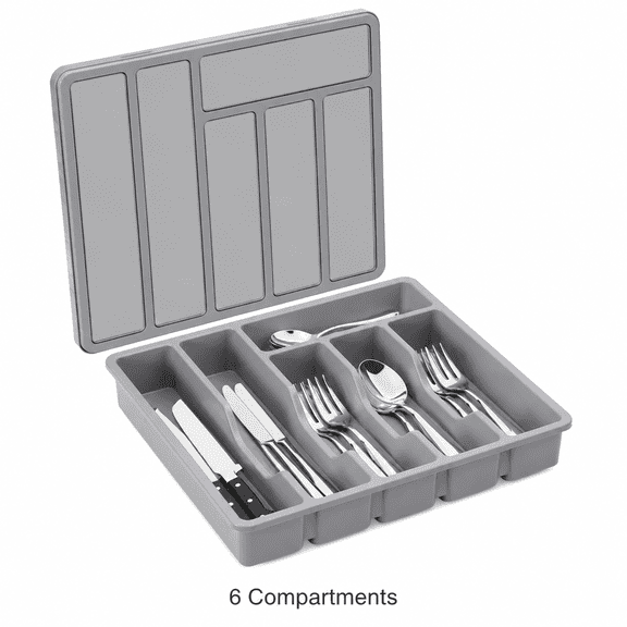 Silverware Organizer with Lid, Covered Utensil Tray for Kitchen Drawer, 12.6 x 11.8 inches, Gray