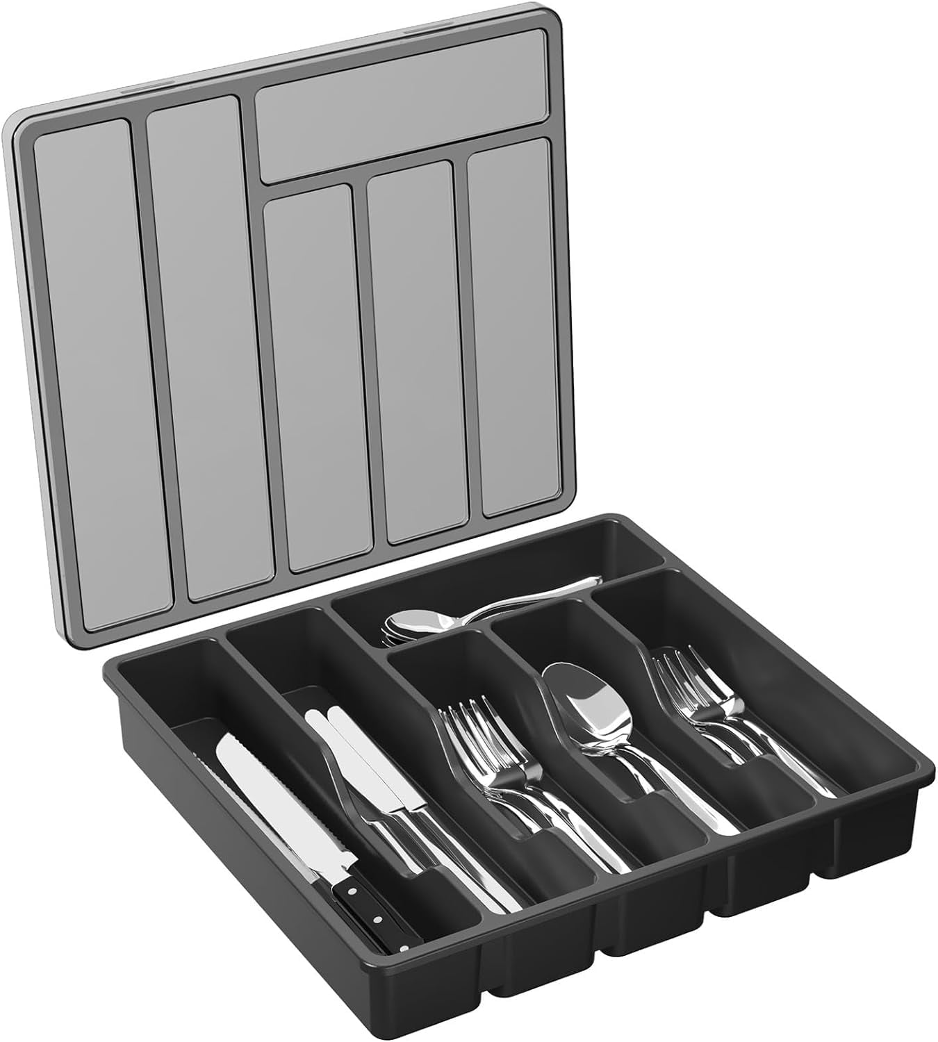 Silverware Organizer with Lid, Covered Utensil Tray for Kitchen Drawer and Countertop, Plastic Cutlery Flatware Storage Box Spoons Forks Knives Holder Case, 12.6x11.8, Black