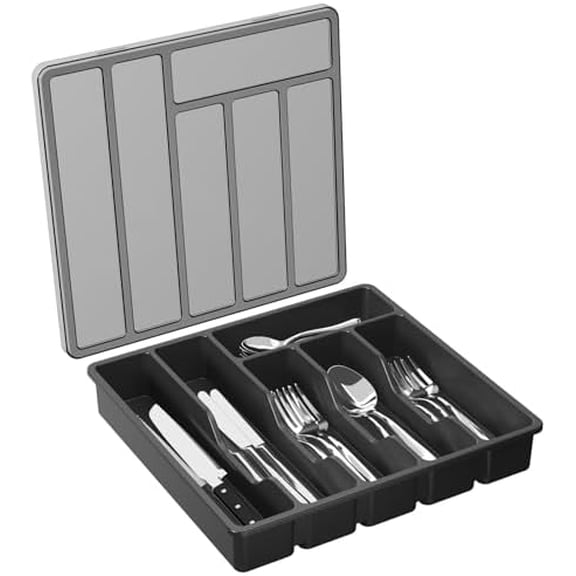 Silverware Organizer with Lid, Covered Utensil Tray for Kitchen Drawer and Countertop, Plastic Cutlery and Flatware Storage Box for Spoons Forks Knives Holder Case, 12.6x11.8", Black