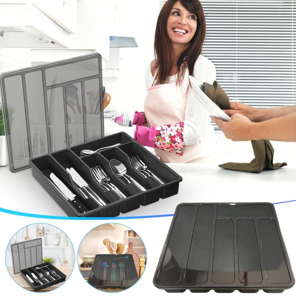 Silverware Organizer with Lid,Covered Utensil Tray for Kitchen Drawer and Countertop,Plastic Cutlery and Flatware Storage Box for Spoons Forks Knives Holder Case,12.8x 11.8x 2.17in,Black