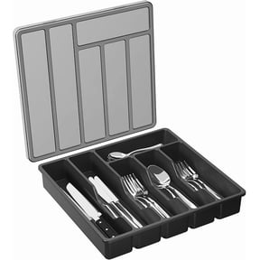 Silverware Organizer with Lid, Covered Utensil Tray for Kitchen Drawer and Countertop, Plastic Cutlery and Flatware Storage Box for Spoons Forks Knives Holder Case, 6 Compartments, Black