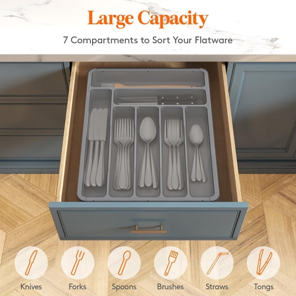 Silverware Organizer with Lid, Covered Utensil Tray for Kitchen Drawer and Countertop, Plastic Cutlery and Flatware Storage Box for Spoons Forks Knives Holder Case