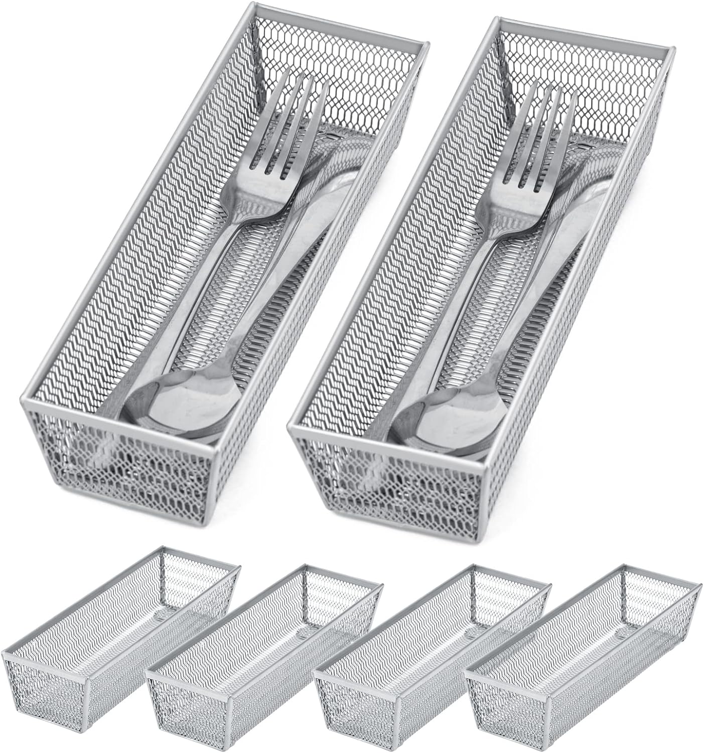 Silverware Organizer,Mesh Drawer Organizer for Kitchen，Metal Utensil Flatware, Knives, Spoons,Cosmetic (Silver 9 * 3 2 inch Pack6)