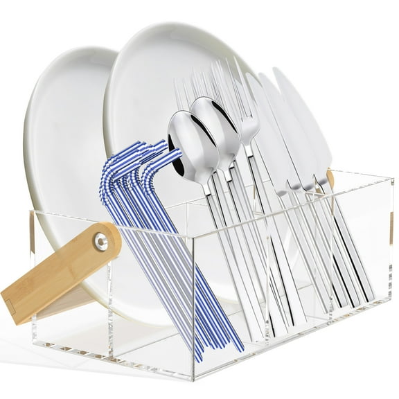 Acrylic Utensil Holder Silverware Organizer with Handle for Kitchen Table Indoor Outdoor Use Space-Saving For Buffet Picnic Party