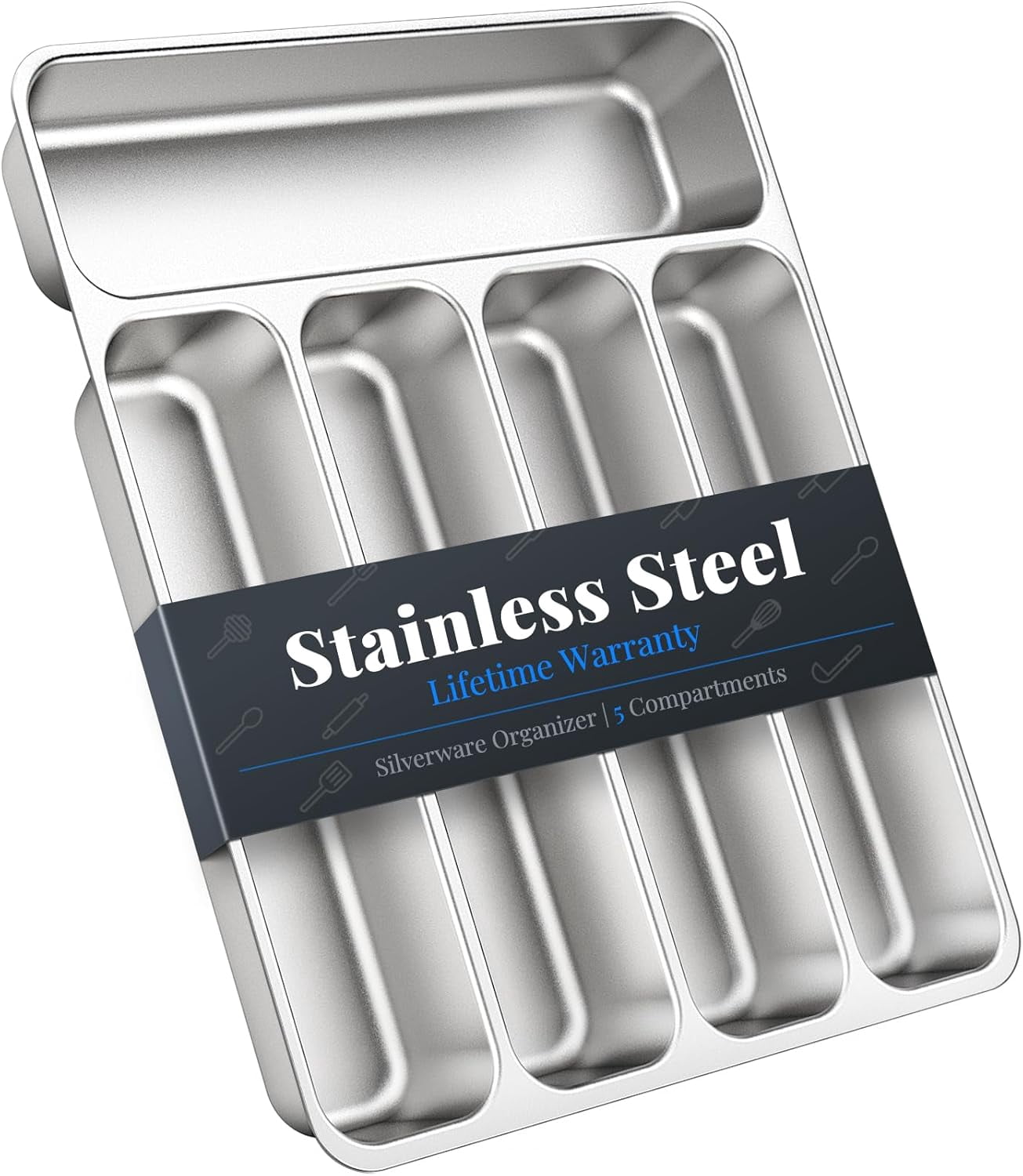 Stainless Steel Utensil Drawer Organizer with 5 Compartments for Kitchen, Dishwasher Safe, Holds Spoons Forks Knives (13.8" x 11.4" x 1.6", Silver)