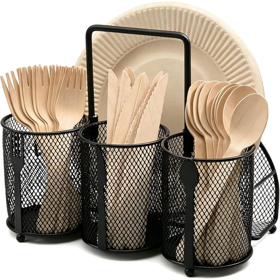 Silverware Organizer Utensil Caddy - 4 Compartment Metal Cutlery Holder Flatware Storage Basket Fork Spoon Napkin Paper Plate Kitchen Countertop Party Picnic Camping Buffet Outdoor (Black)